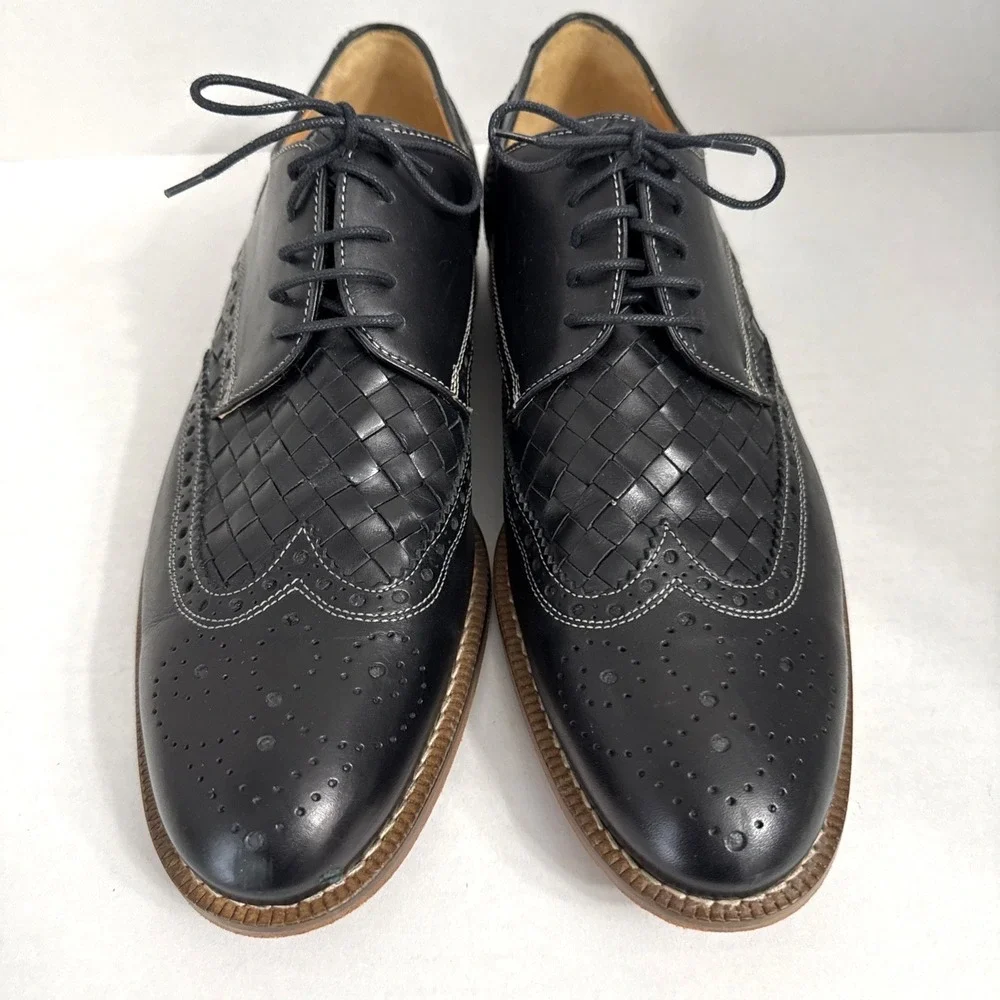 Paul Frederick Men's Wing Tip Black Leather Shoes Size 9.5 M Made in Italy Weave